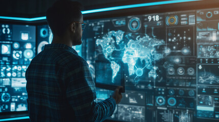 a man in a futuristic technology room working with data analysis through augmented reality hologram displays, person in data monitoring room 