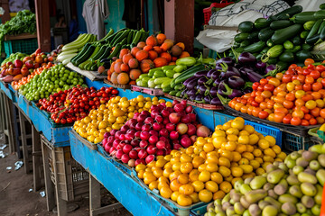 Colorful vegetable stands at a farmers market, highlighting local produce
