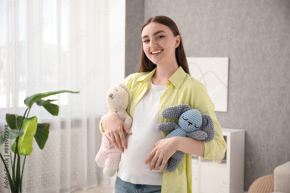 Canvas Prints expecting twins. pregnant woman holding two toys at home