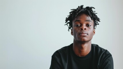 Obraz premium Stylish young man with dreadlocks sitting in front of a white wall in casual black tshirt fashion portrait