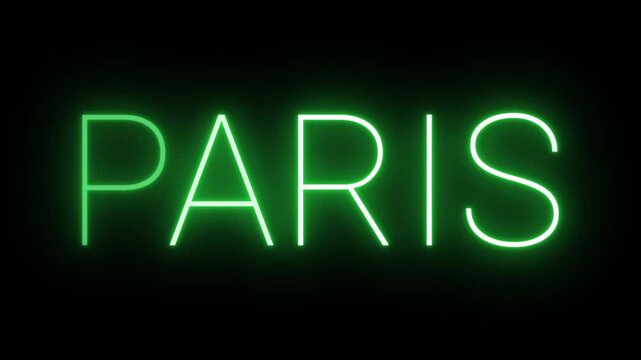 Flickering neon green Paris text animated on a black background