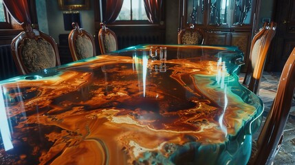 Luxury epoxy resin table in dining room,