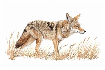 A cute coyote trotting through a field, watercolor style, kawaii, isolate on white background