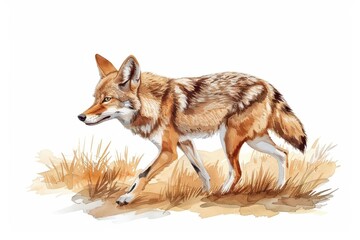 A cute coyote trotting through a field, watercolor style, kawaii, isolate on white background