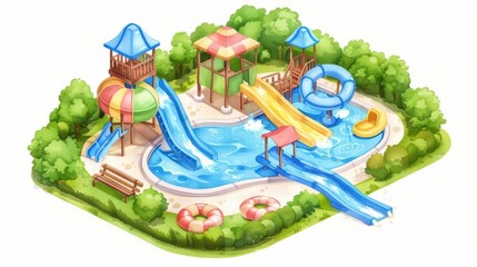 A cute watercolor painting of a water park adventure, kawaii, isolate on white background