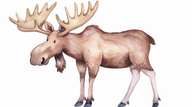 A cute watercolor painting of a moose with large antlers, kawaii, isolate on white background