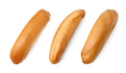 Set of fresh hot dog buns on white background, top view