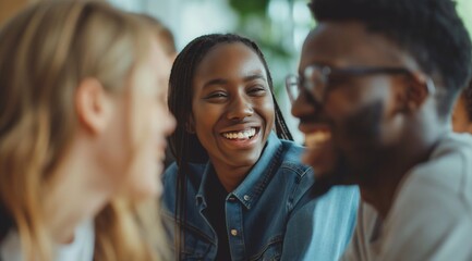 Fototapeta premium Happy young office colleagues collaborating and smiling in a casual work meeting, business team building workshop event with multiethnic businesspeople.