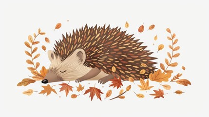 A hedgehog in a bed of leaves, woodland animal, cute illustration, earthy tones, isolated on white background