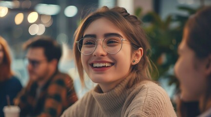 Happy young office colleagues collaborating and smiling in a casual work meeting, business team building workshop event with multiethnic businesspeople.