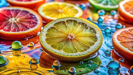 Colorful closeup of oil droplets on water with citrus fruit slices creating a vibrant abstract background