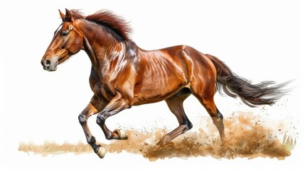 Obraz premium A horse running in a field, nature scene, realistic illustration, dynamic pose, isolated on white background