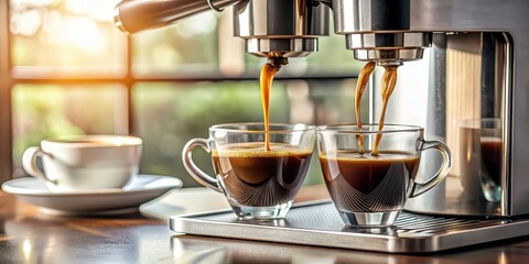 Two cups of liquid coffee being poured into a coffee maker at home , coffee, two cups, pouring, appliance, home