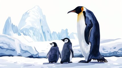 Fototapeta premium A penguin family in the Antarctic, nature element, realistic illustration, cold tones, isolated on white background
