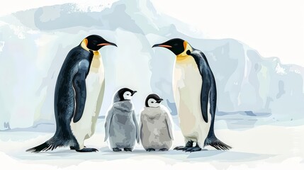 Fototapeta premium A penguin family in the Antarctic, nature element, realistic illustration, cold tones, isolated on white background