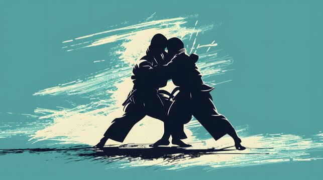 judokas fighters fighting men silhouette. 