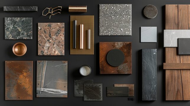 Creative architect moodboard with materials and accessories on black background