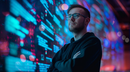 portrait of a programmer or software engineer standing in front of virtual computer codes display