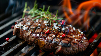 Sizzling steak on a grill with herbs
