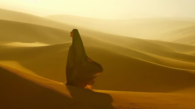 Solitary figure in flowing cloak stands atop golden sand dune. Endless desert stretches to horizon under warm, hazy sky. Sunlight bathes landscape in rich amber hues.