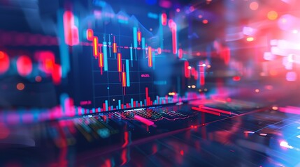 Realistic stock market chart with glowing candlesticks, digital screen backdrop, and blurred business elements.