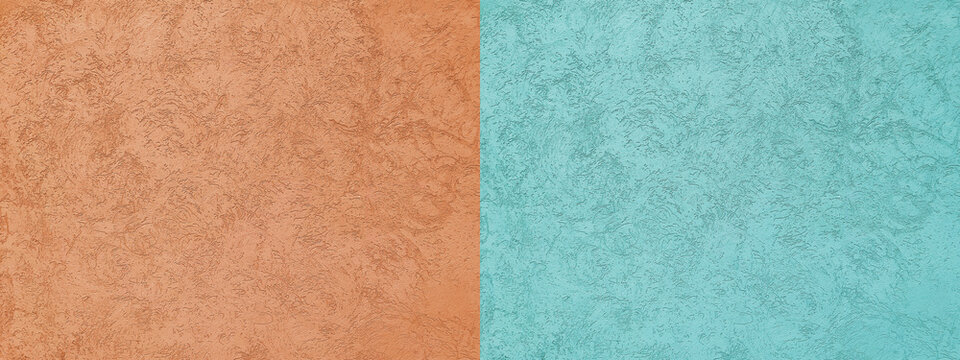 Fondo de cemento con textura fina, pared rugosa en dos colores, naranja y verde agua. Recurso gr&aacute;fico.