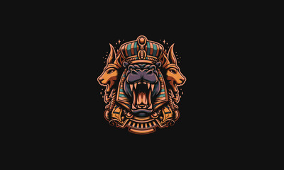 head hippo roar wearing anubis hat vector flat design