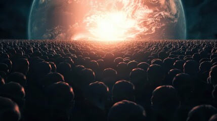 World Population Day is depicted in an ultramodern, supernatural scene, with copy space for your personalized message