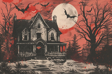vintage illustration of haunted house halloween scene