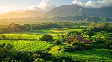 Fototapeta premium large farm estate with lush green fields and a backdrop of distant mountains Generative AI