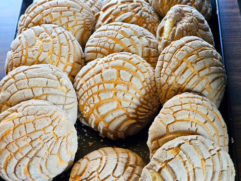 Delicious Mexican Concha sweet bread on bakery trays for sale freshly baked fresh and fluffy