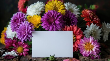 Aster flowers in various colors with a white greeting card on a wooden table with a dark background Fall floral postcard display
