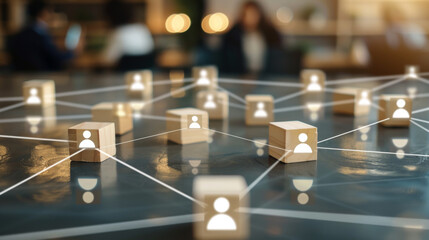 Abstract social network concept with people icons on wooden blocks connected in the style of lines of white color