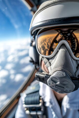 Fototapeta premium Close-up of a pilot wearing an oxygen mask and helmet inside a cockpit with a view of the sky and clouds through the window.