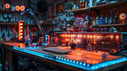 A futuristic hobby workshop with holographic crafting tools and bioluminescent hobby materials, sparking creativity 