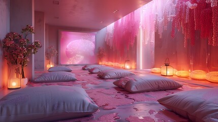 A futuristic meditation room with holographic meditation guides and glowing meditation cushions, promoting inner peace 