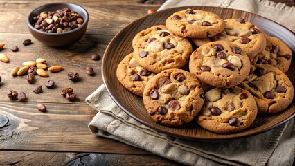 Delicious homemade chocolate chip cookies with crunchy nuts , baking, dessert, sweet, delicious, snack, treats, homemade, cookies