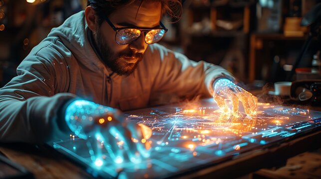 An innovative DIY workshop with interactive digital DIY guides and bioluminescent DIY tools, promoting hands-on creativity 