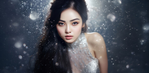 Beautiful cute sexy young asian woman with high gloss silver glittering dress, in glitter ice snow fantasy, celebrity and luxury premium style on silvery shiny sparkling dark grey background.