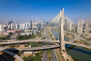 Aerial view of the Estaiada bridge. Sao Paulo Brazil. Business center. Famous cable-stayed bridge (Ponte Estaiada)