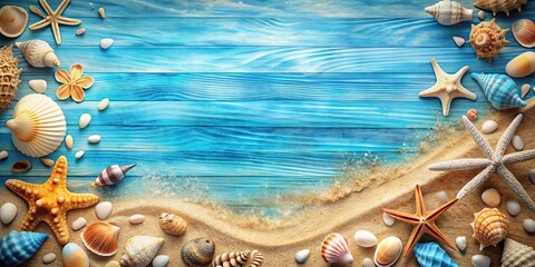Naklejka premium Blue marine theme stage background with sea and beach items surrounded , ocean, marine life, beach, waves, seashells