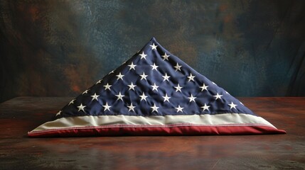 American flag folded in a triangle resting on a table