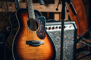 Naklejka premium Guitar resting against an amplifier with a microphone stand nearby 