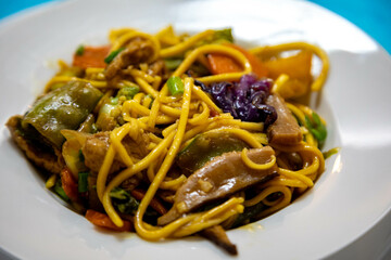 Traditional oriental yakisoba with typical ingredients