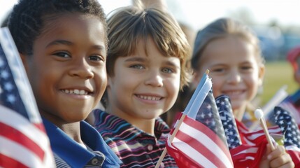 Children holding American flags at a school event