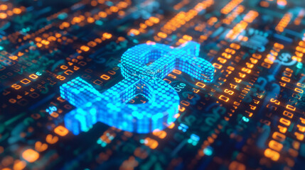 3D dollar sign icon on digital background with binary code and cyber network elements, blue color scheme