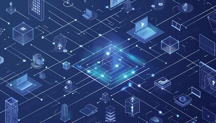 AI network visual with digital elements and connectivity lines in blue.