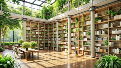 Modern library with abundant greenery and natural lighting , sustainable, modern, library, greenery