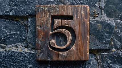 Digit 5 on Wood Tile in Black Stone Background