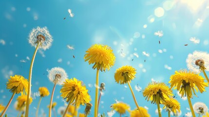 Fototapeta premium Spring greeting card with yellow dandelions on blue sky background